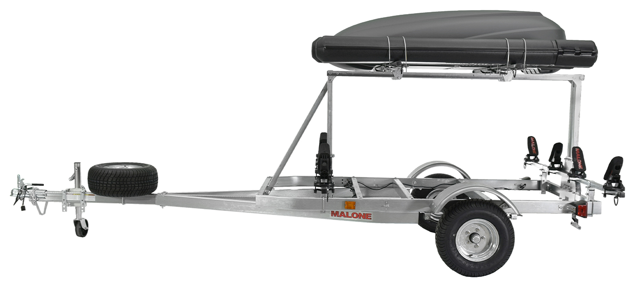 MegaSport™ LowBed™ Kayak Trailer w/Tier, Spare, 2 sets SaddleUp™, Cargo Box, 2 Rod Tubes